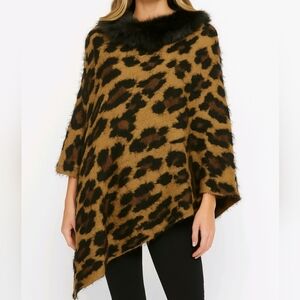 Do Everything In Love Knit Poncho Brown Animal Print Faux Fur Collar One…